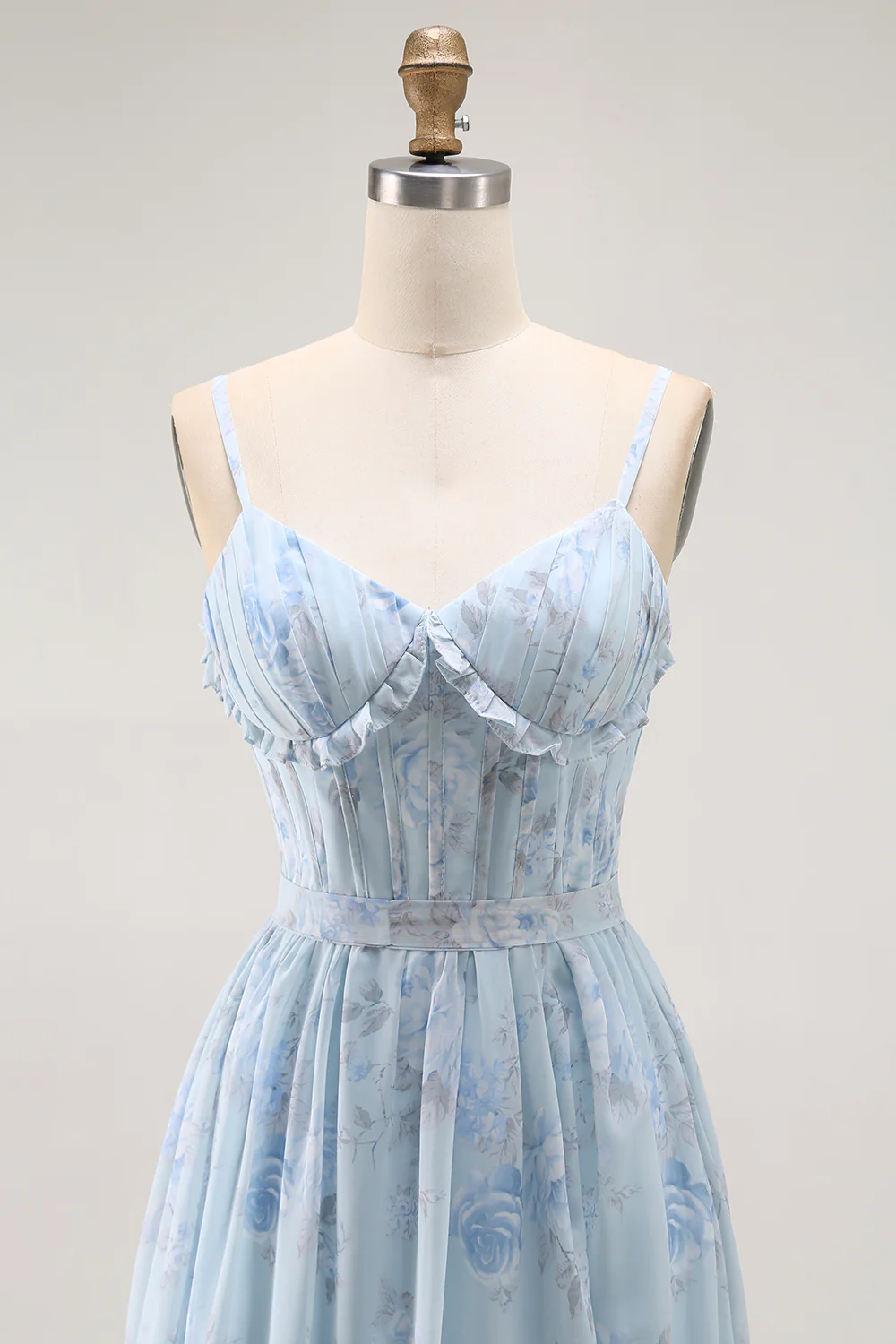 Blue A Line Floral Ruffled Long Bridesmaid Dress with Slit - VNBITS