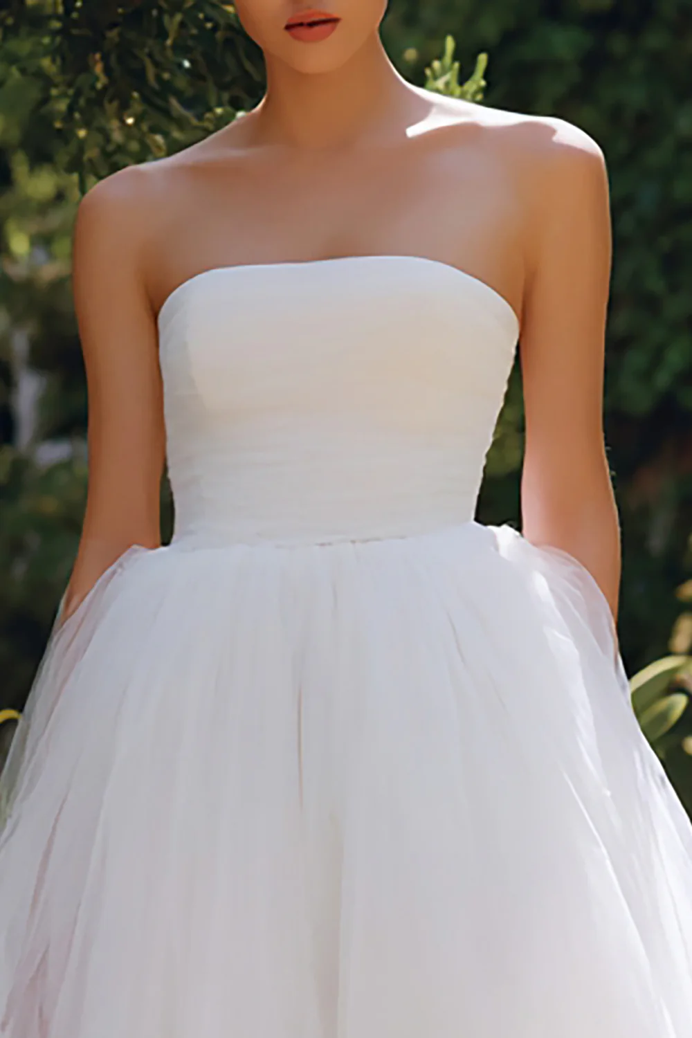 White A Line Tulle Strapless Long Engagement Dress - VNBITS