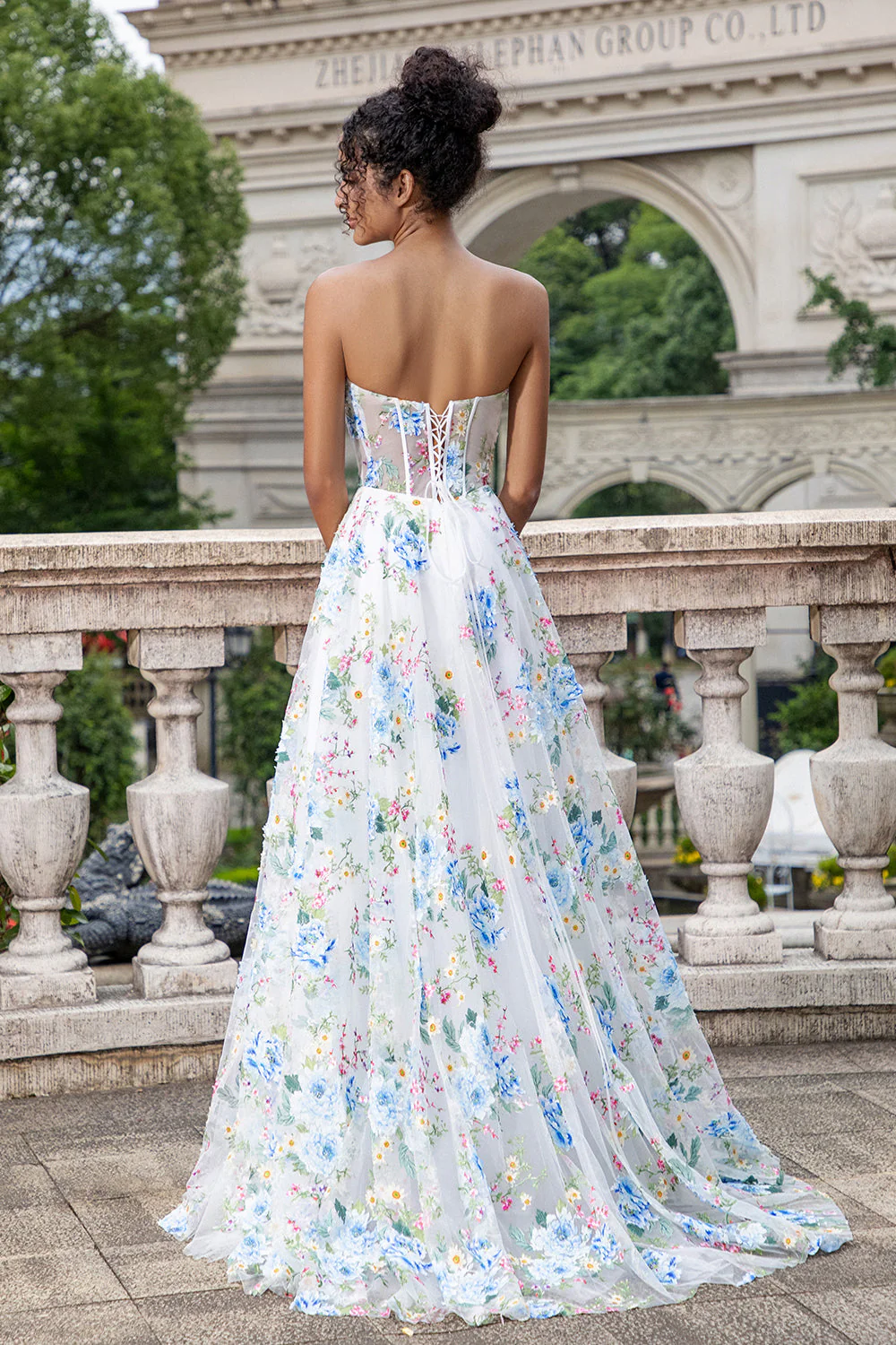 White Blue Flower A Line Sweetheart Corset Long Prom Dress with Slit - VNBITS