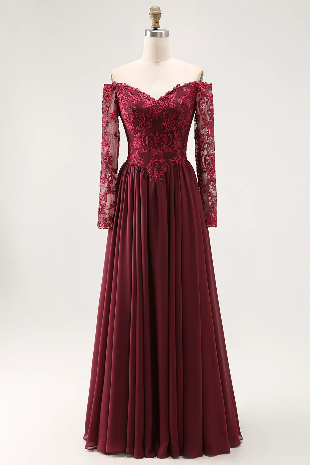 Cabernet Chiffon A Line Long Mother of the Bride Dress with Lace - VNBITS