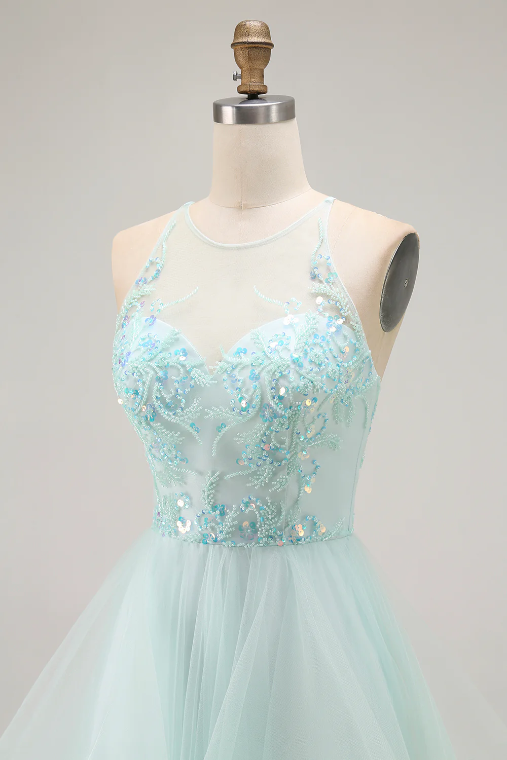 Sparkly Light Green A Line Ruffled Long Prom Dress with Beading - VNBITS
