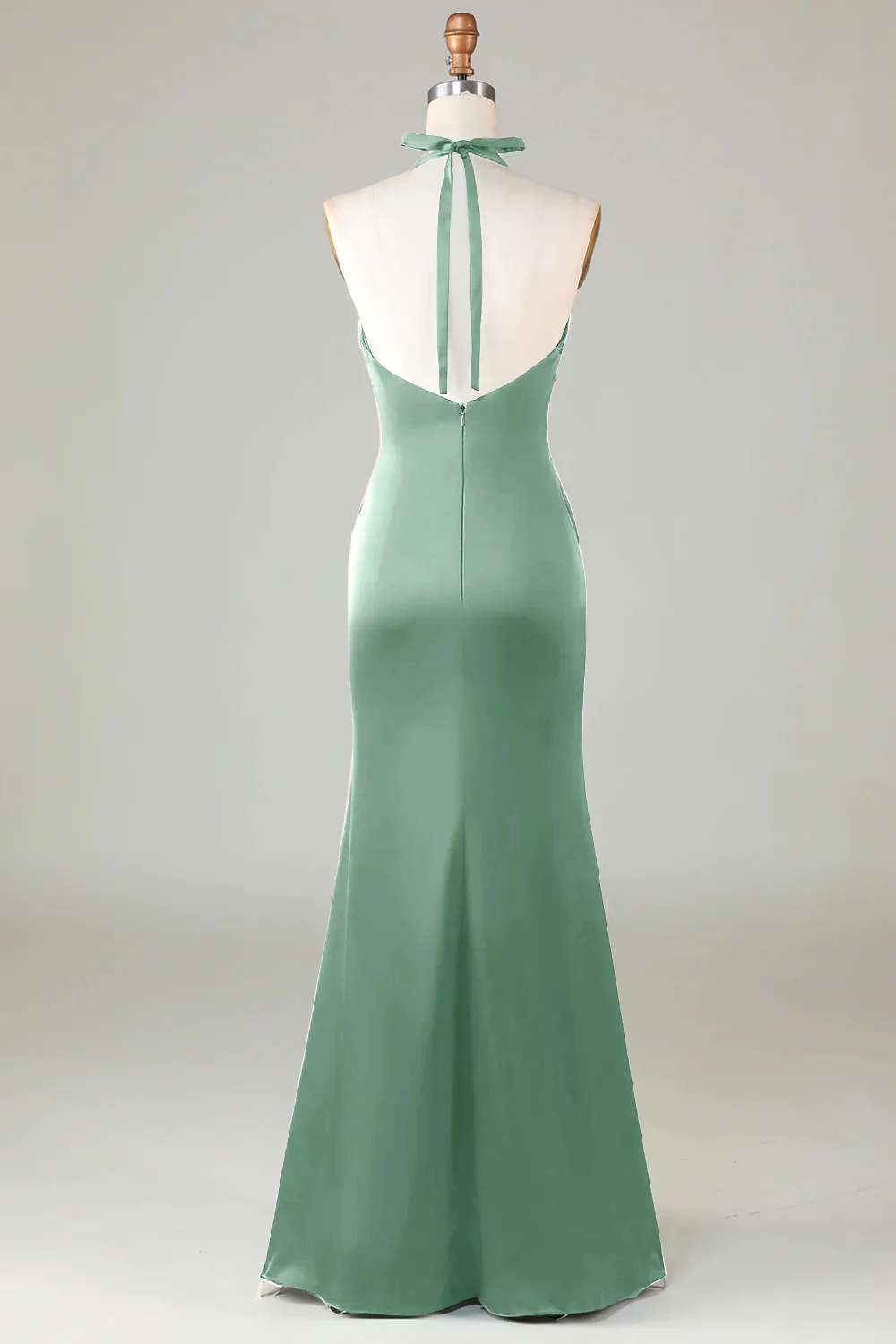 Mermaid Halter Dark Green Long Satin Bridesmaid Dress - VNBITS