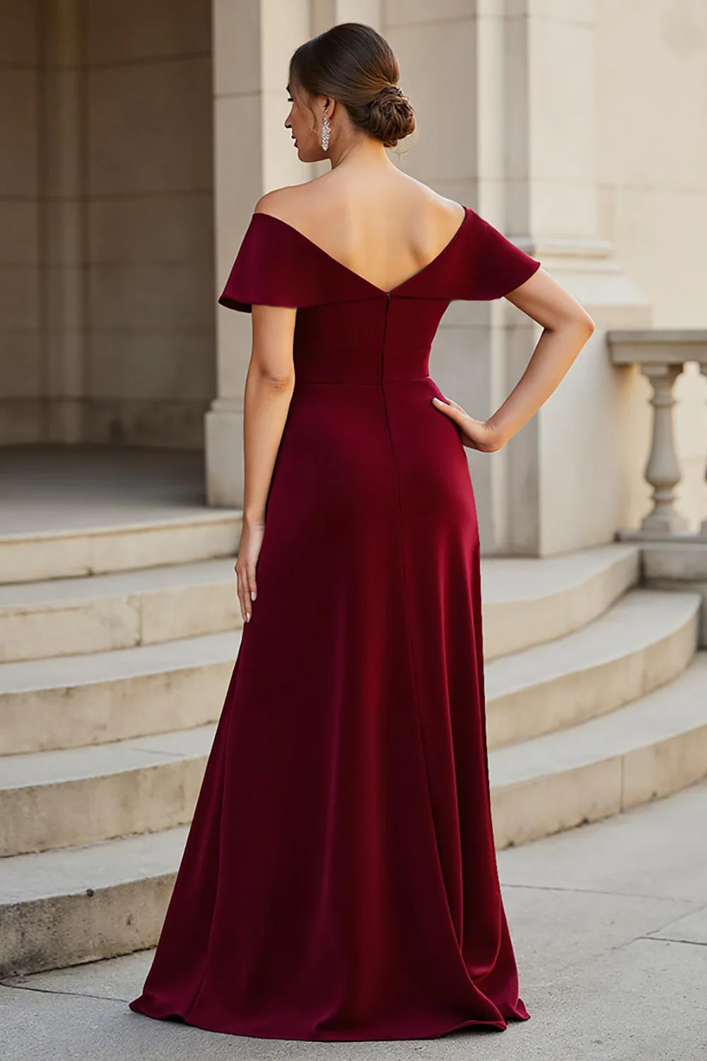 Burgundy A Line V-Neck Satin Long Mother of the Bride Dress with Ruffles - VNBITS