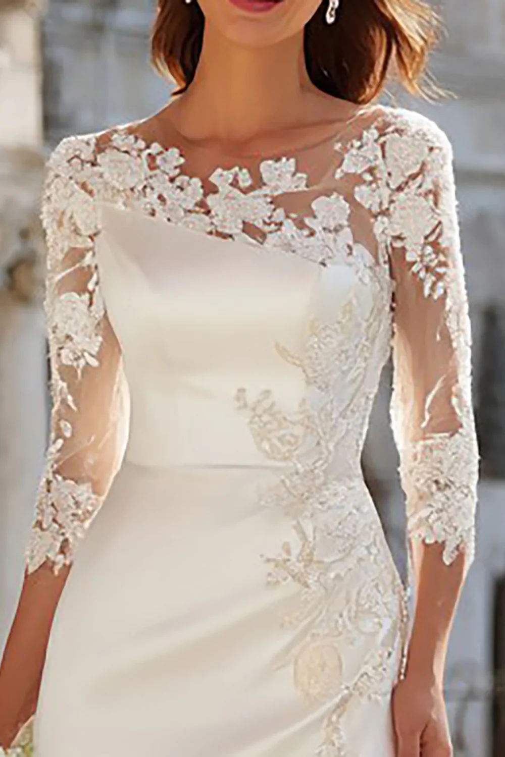 Ivory Sheath Appliqued Long Wedding Dress with Slit - VNBITS
