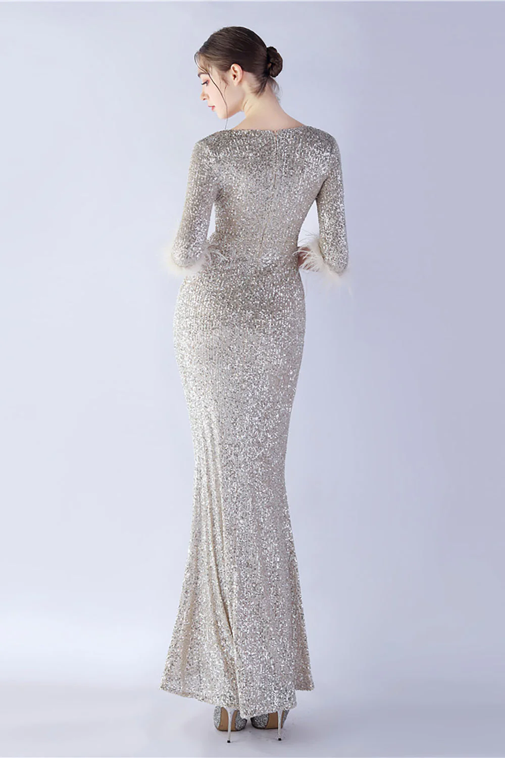 Navy Sequin V-neck Half Sleeves Sheath Formal Dress with Feather - VNBITS