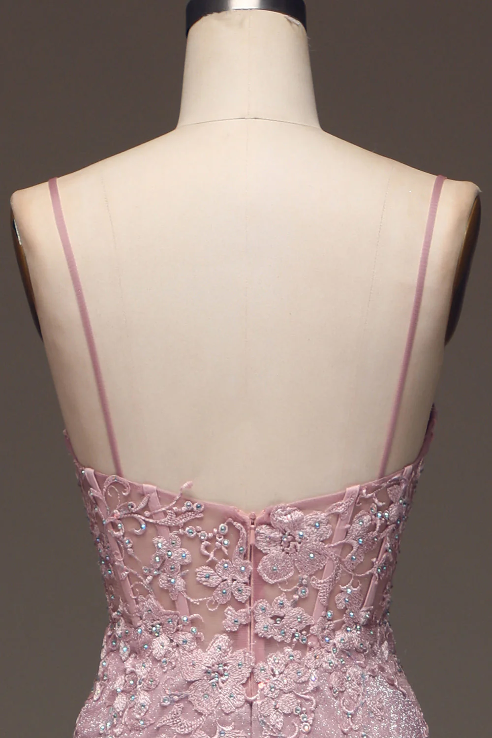 Glitter Blush Mermaid Spaghetti Straps Long Prom Dress with Beading - VNBITS