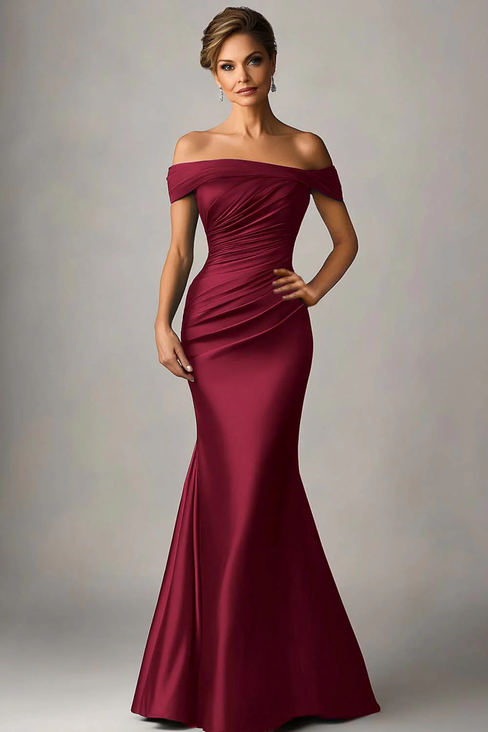 Peacock Blue Mermaid Off The Shoulder Ruched Satin Formal Dress - VNBITS