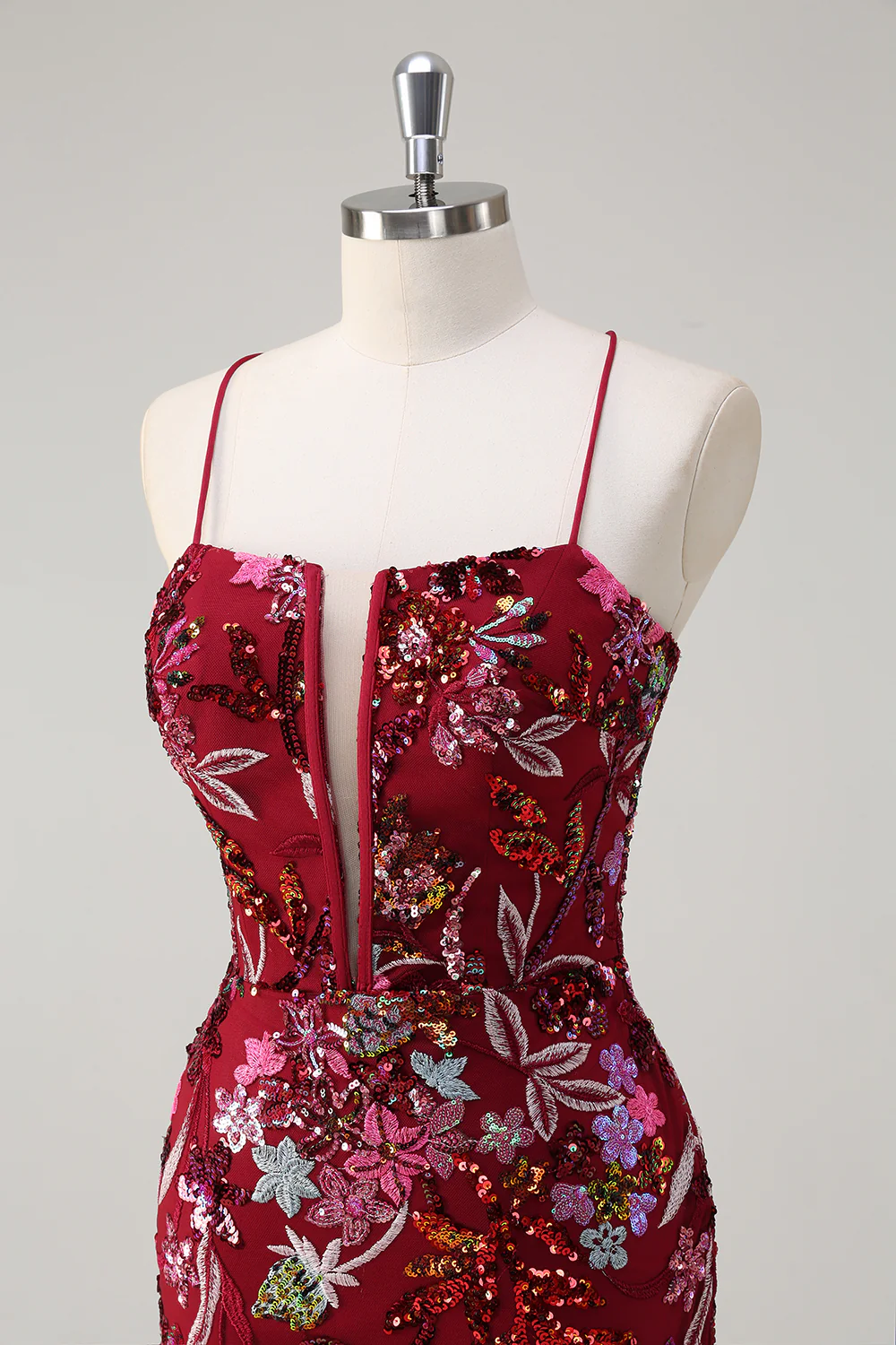 Sparkly Burgundy Floral Mermaid Spaghetti Straps Long Prom Dress with Slit - VNBITS