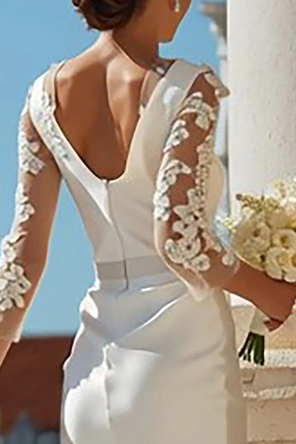 Ivory Bodycon Appliqued Midi Wedding Dress with Sleeves - VNBITS