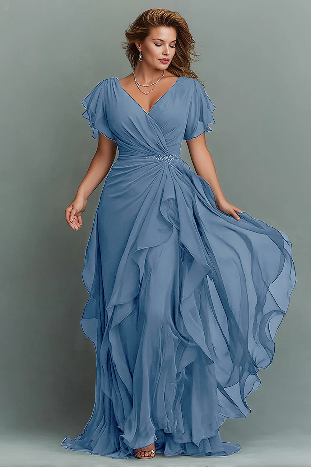 Navy Chiffon V-Neck Ruched Long  with Ruffles - VNBITS