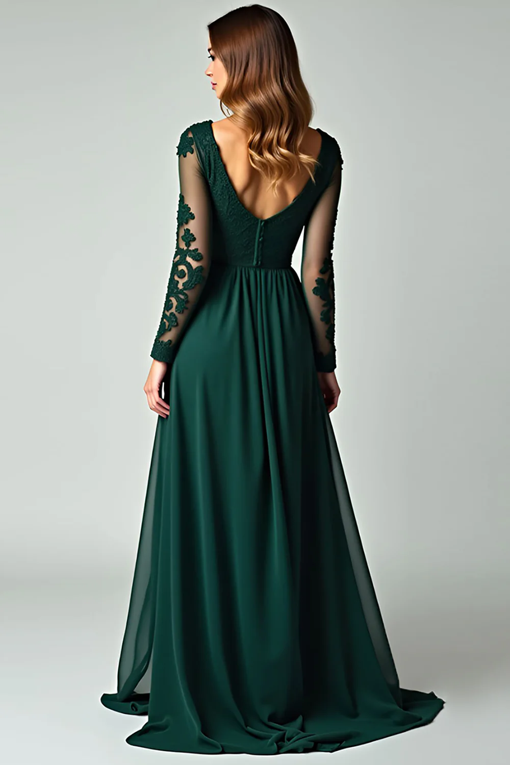 V-Neck Pine Appliqued Prom Dress with Long Sleeves - VNBITS