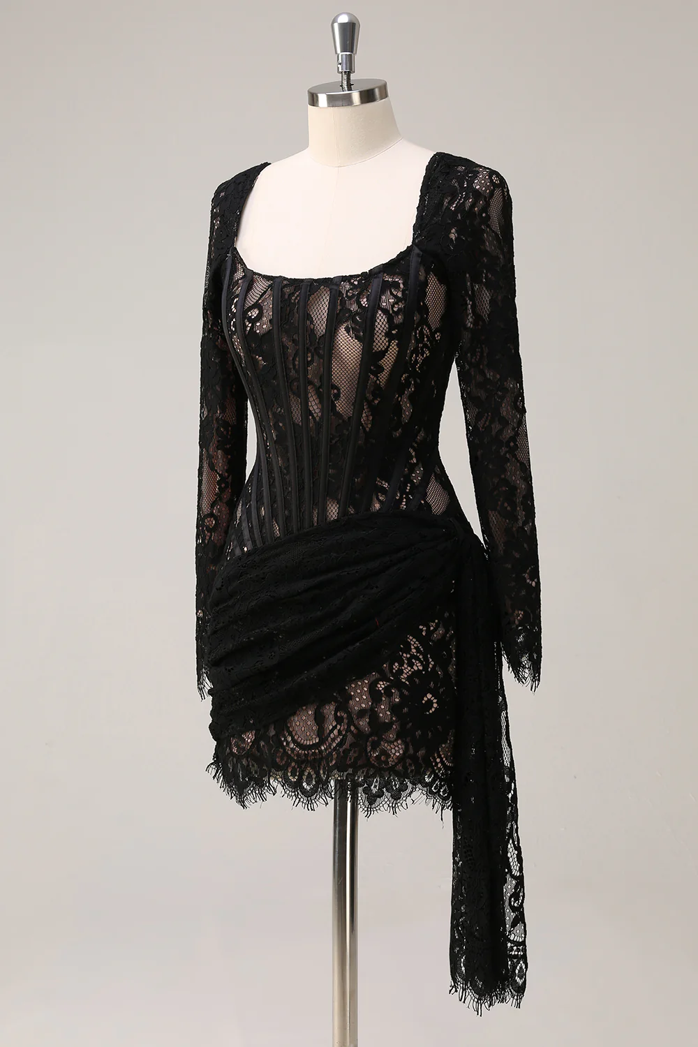Black Sheath Corset Short Prom Dress with Long Sleeves - VNBITS