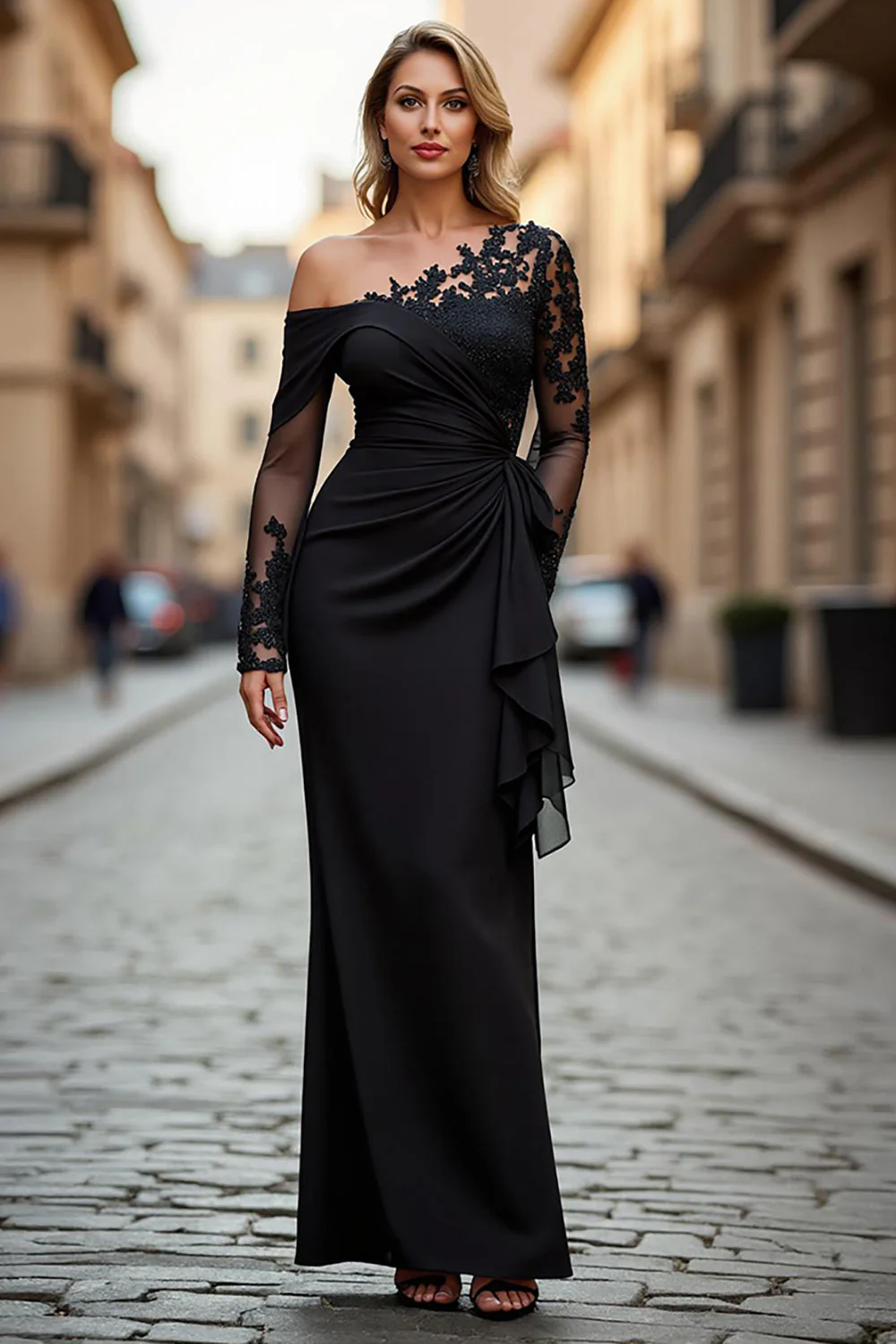Black One Shoulder Long Sleeves Mother of the Bride Dress with Appliques - VNBITS