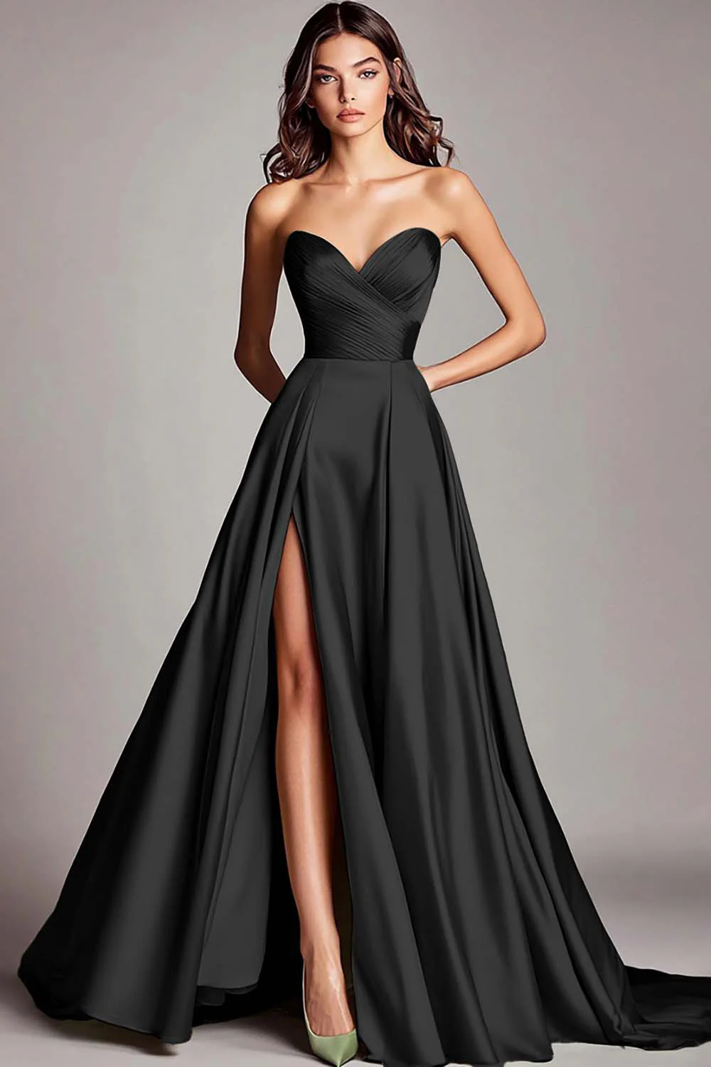 Dusty Blue Satin A Line Strapless Ruched Long Prom Dress with Slit - VNBITS