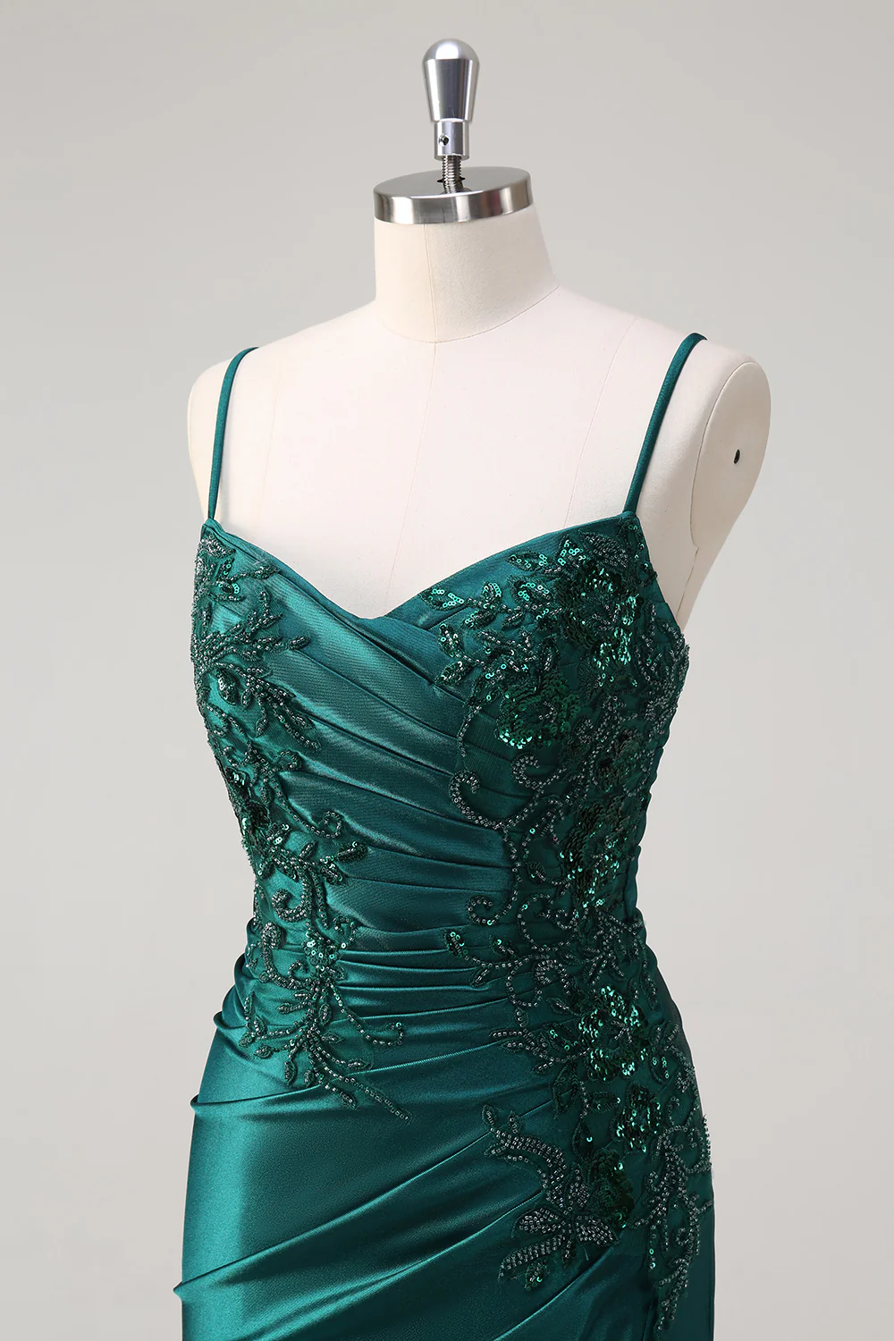 Dark Green Mermaid Applique Spaghetti Straps Long Prom Dress with Slit - VNBITS