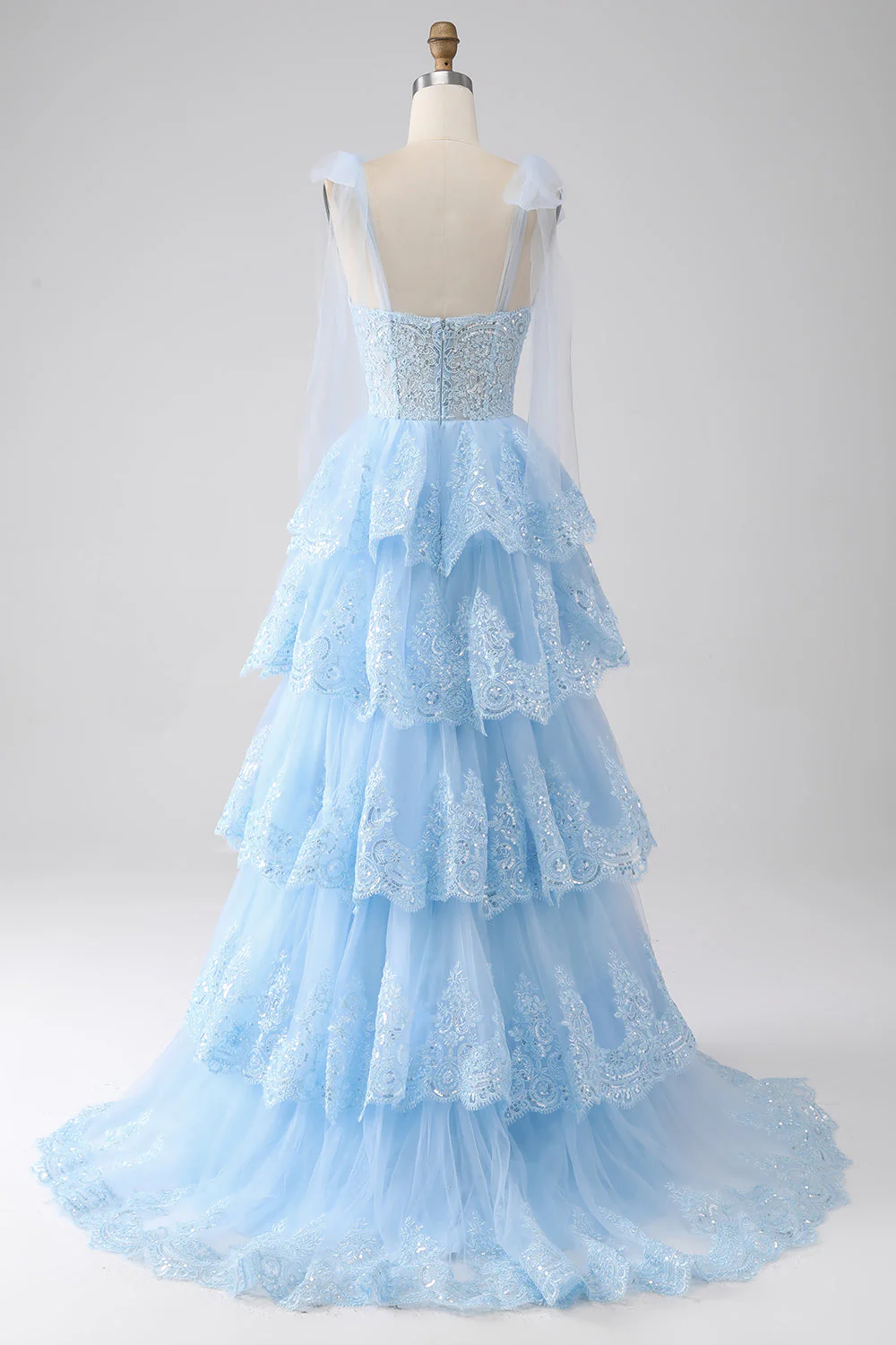 Light Blue Sweetheart Bow Tie Straps Tiered Tulle Sequin Prom Dress with Appliques - VNBITS