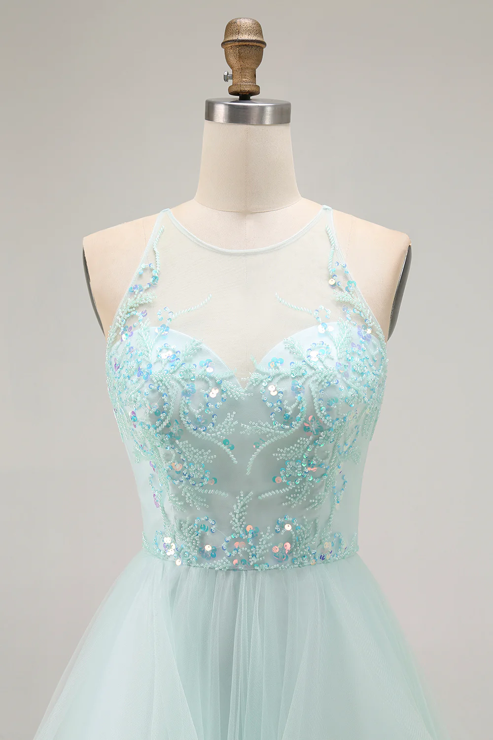 Sparkly Light Green A Line Ruffled Long Prom Dress with Beading - VNBITS