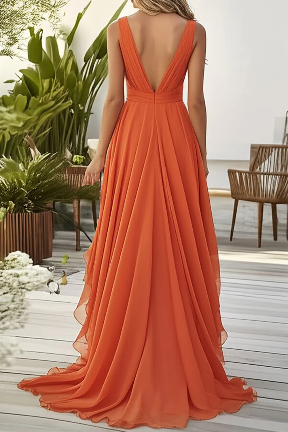 Orange Chiffon Deep V-Neck Long Wedding Guest Dress with Ruffles - VNBITS