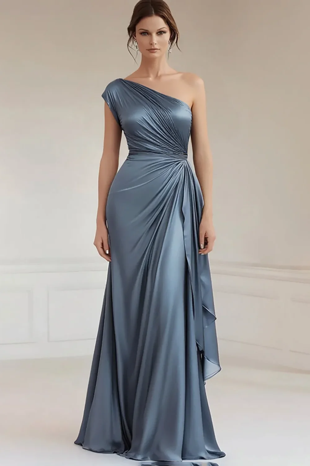 Grey Blue One Shoulder Sheath Long Ruched Formal Dress - VNBITS