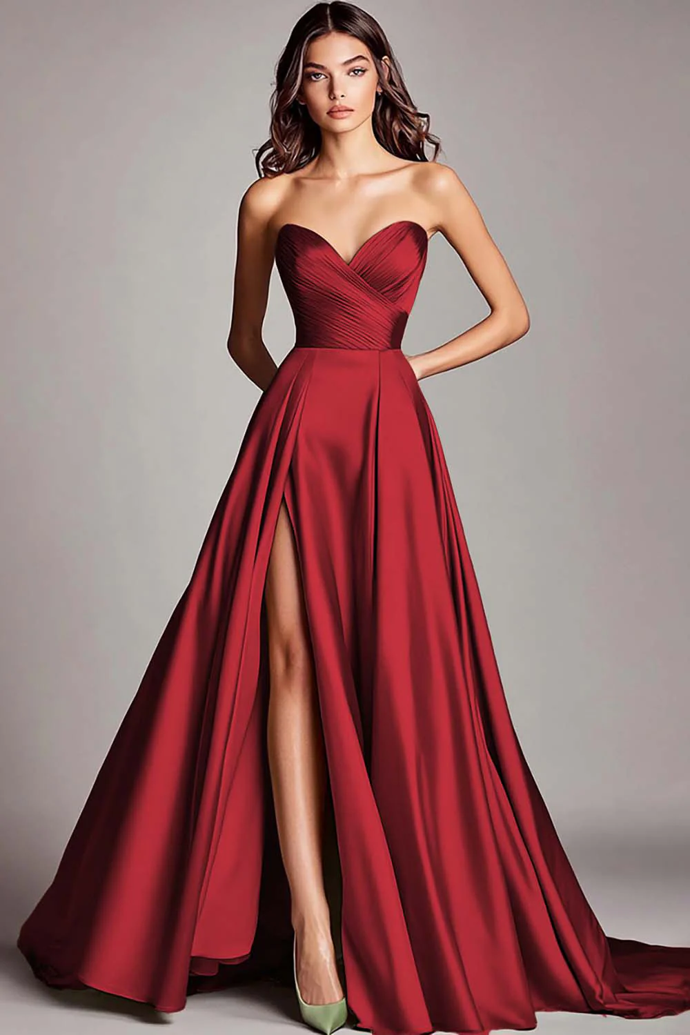 Dusty Blue Satin A Line Strapless Ruched Long Prom Dress with Slit - VNBITS