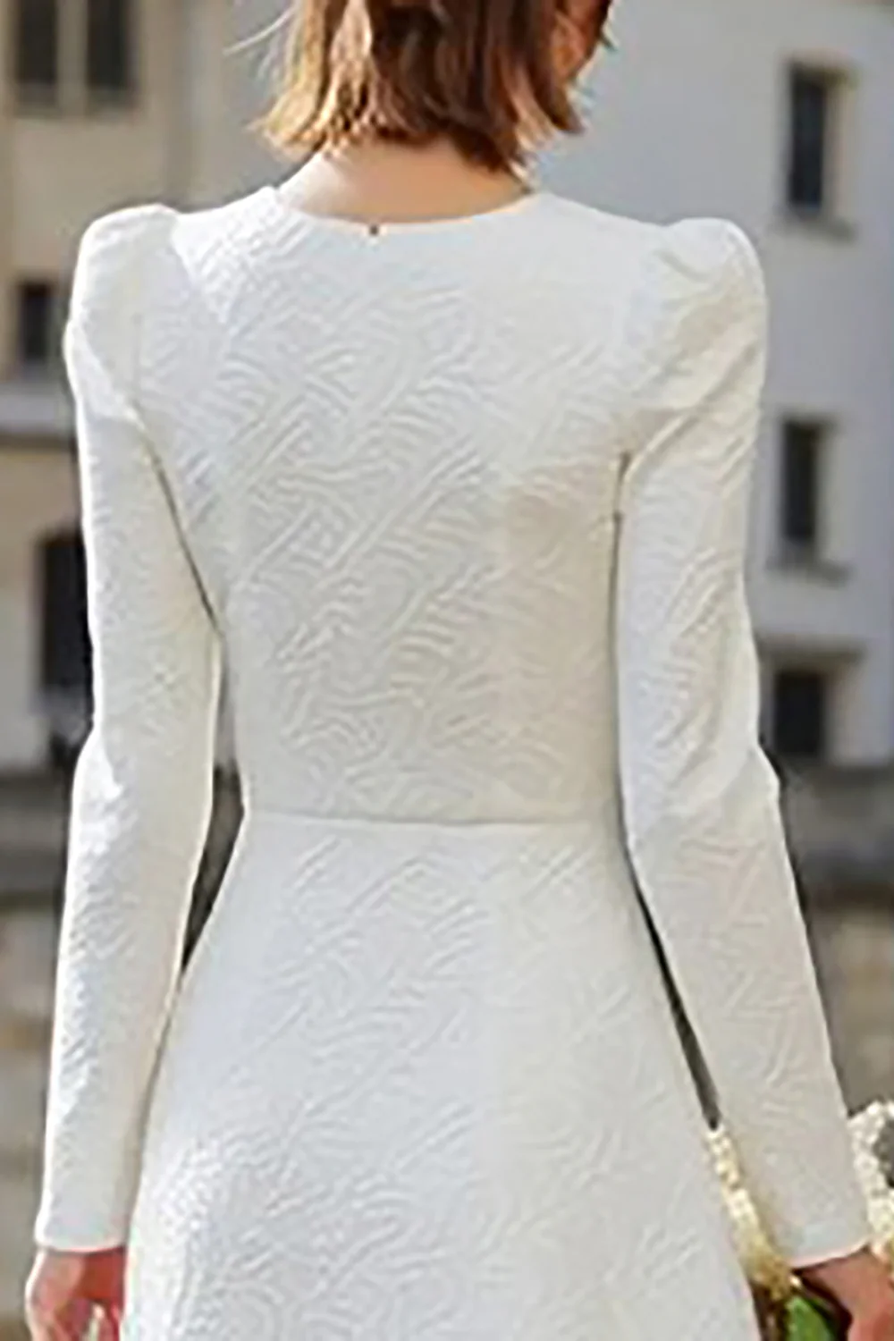 Ivory A Line Long Sleeves Midi Bridal Dress with Ruffles - VNBITS