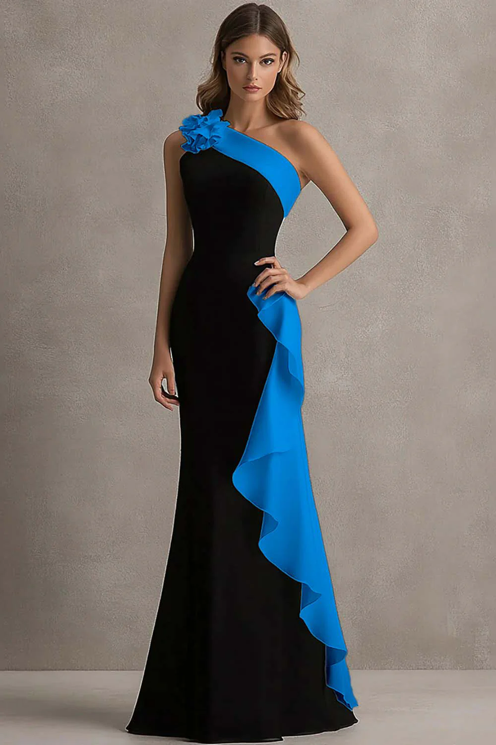 Black and Blue One Shoulder Long Formal Dress with Ruffles - VNBITS