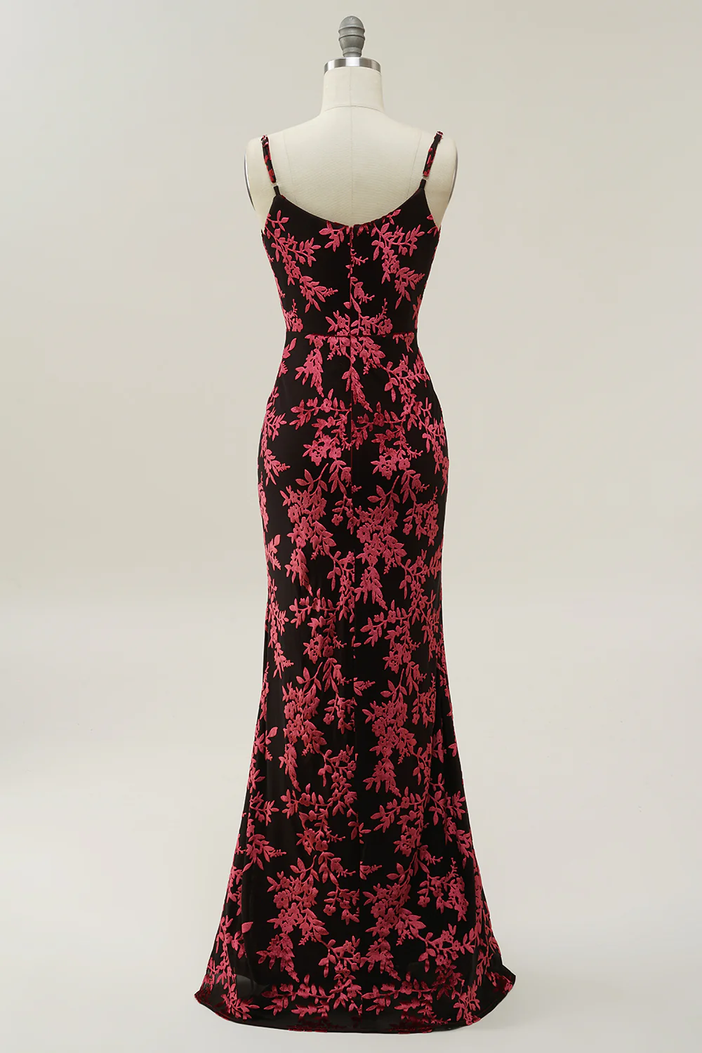 Sheath Spaghetti Straps Burgundy Printed Velvet Long Prom Dress with Silt - VNBITS