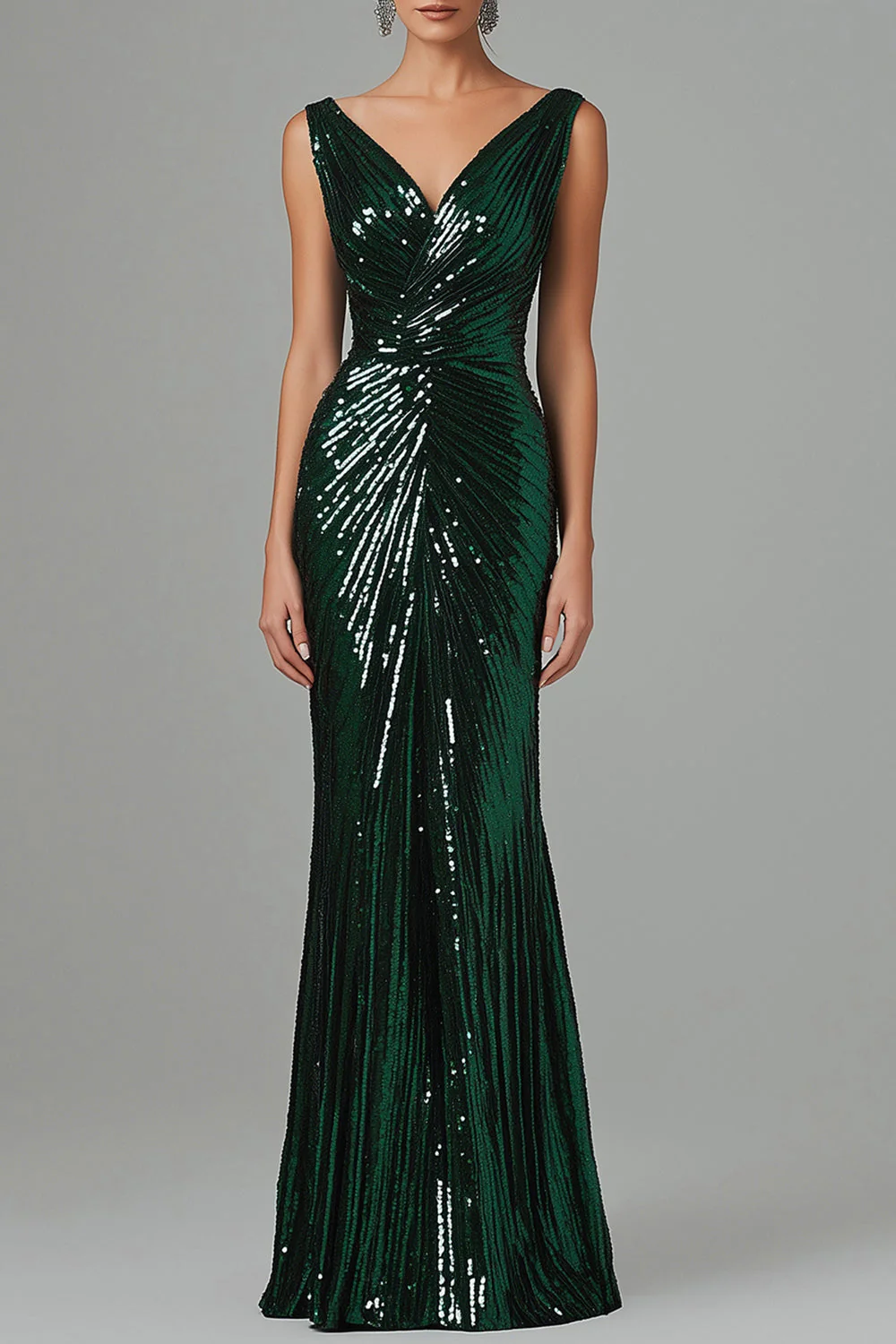 Dark Green Mermaid V-Neck Sequins Pleated Formal Dress - VNBITS