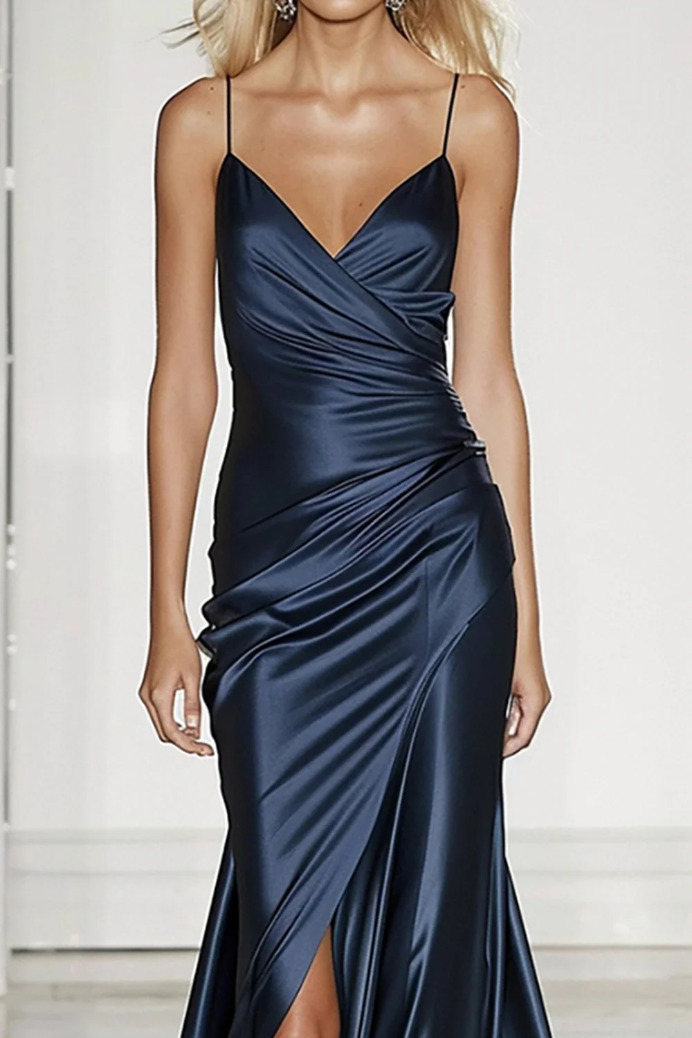 Dark Blue Satin Mermaid Long Formal Dress with Slit - VNBITS