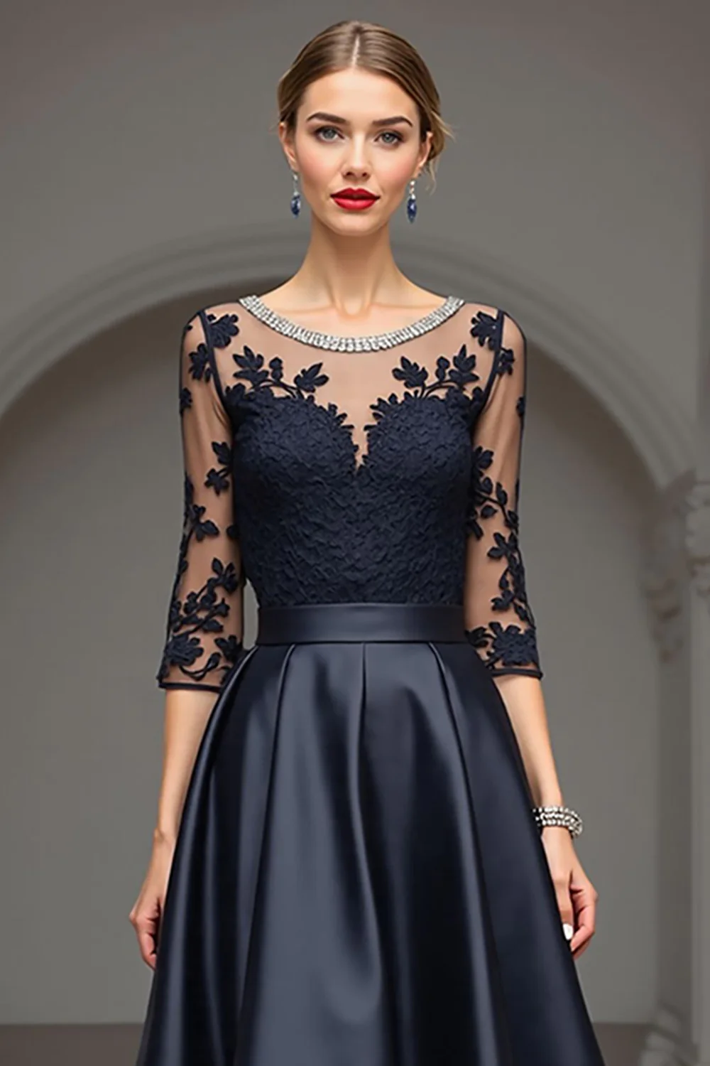 Navy A Line Long Satin Mother of the Bride Dress with Lace - VNBITS