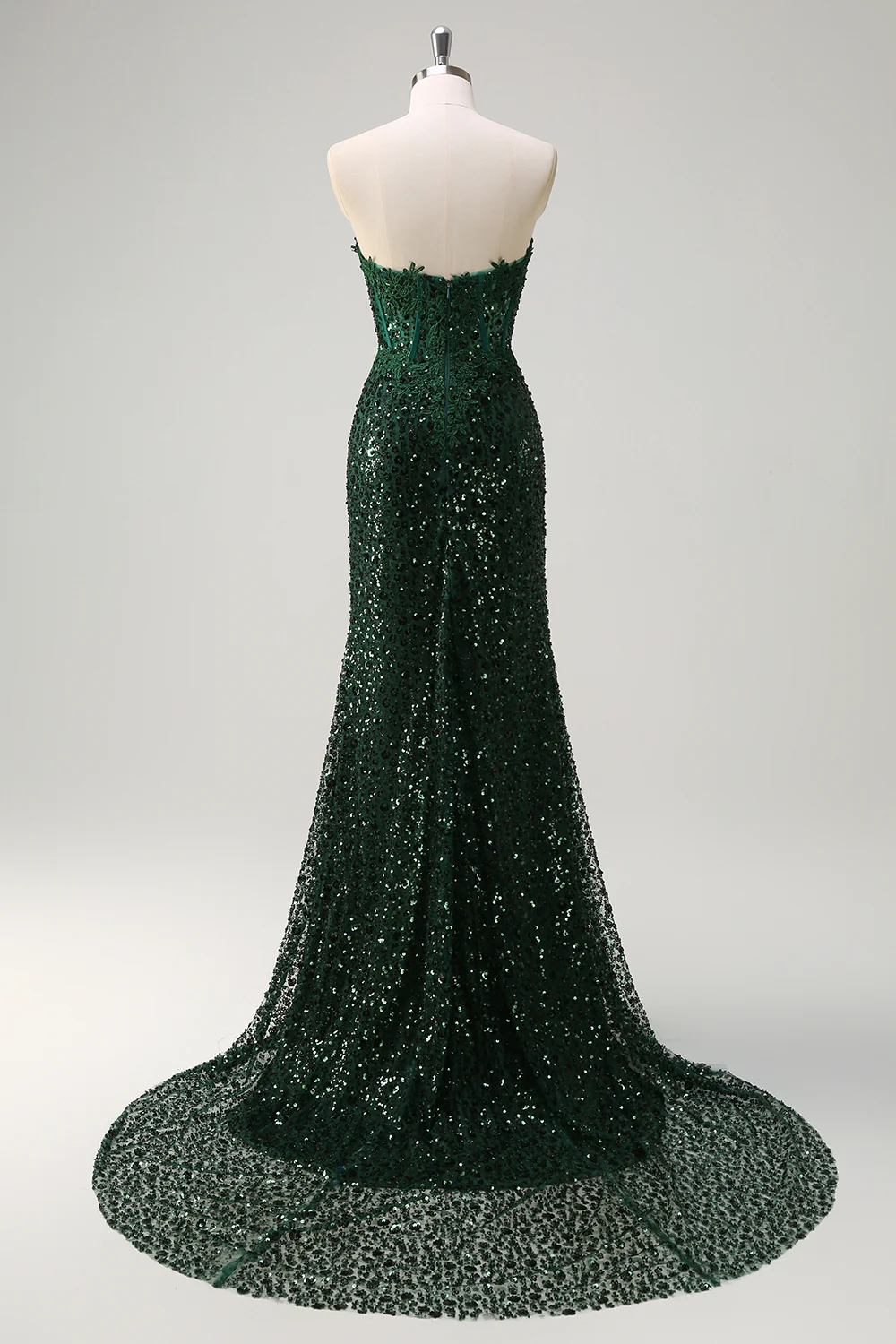 Dark Green Floral Sequined Mermaid Strapless Long Prom Dress with Slit - VNBITS