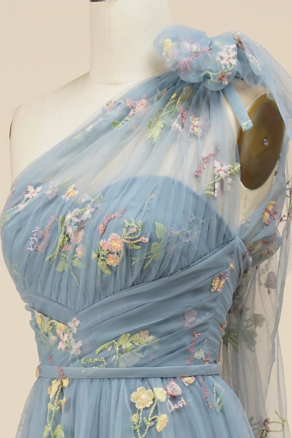 A-Line Grey Blue Long Prom Dress With Embroidery - VNBITS
