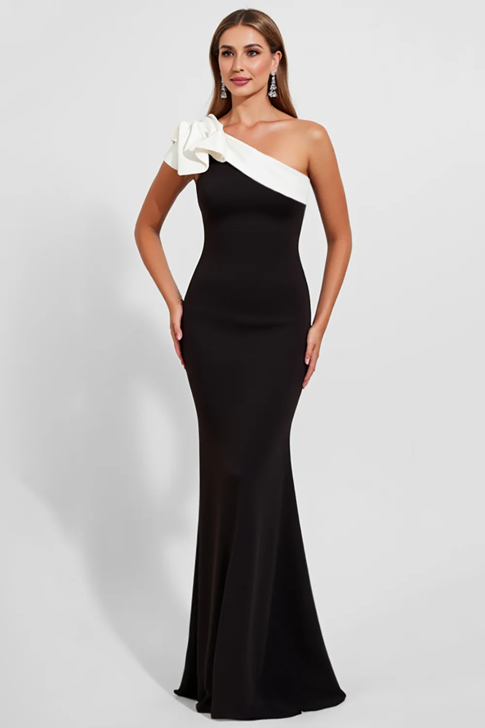 Black Satin One Shoulder Long Black Tie Dress - VNBITS
