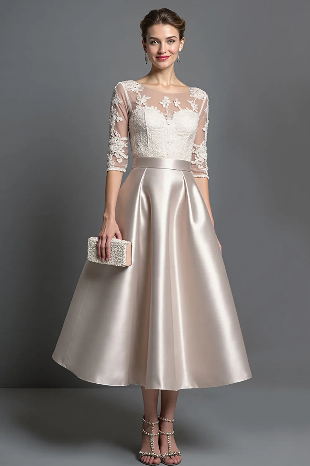 Apricot Satin A Line Long Mother of the Bride Dress with Lace - VNBITS