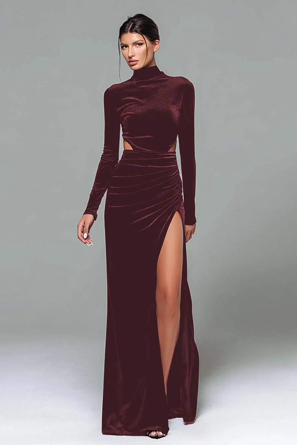 Black Velvet High Neck Sheath Long Sleeves Holiday Party Dress with Slit - VNBITS