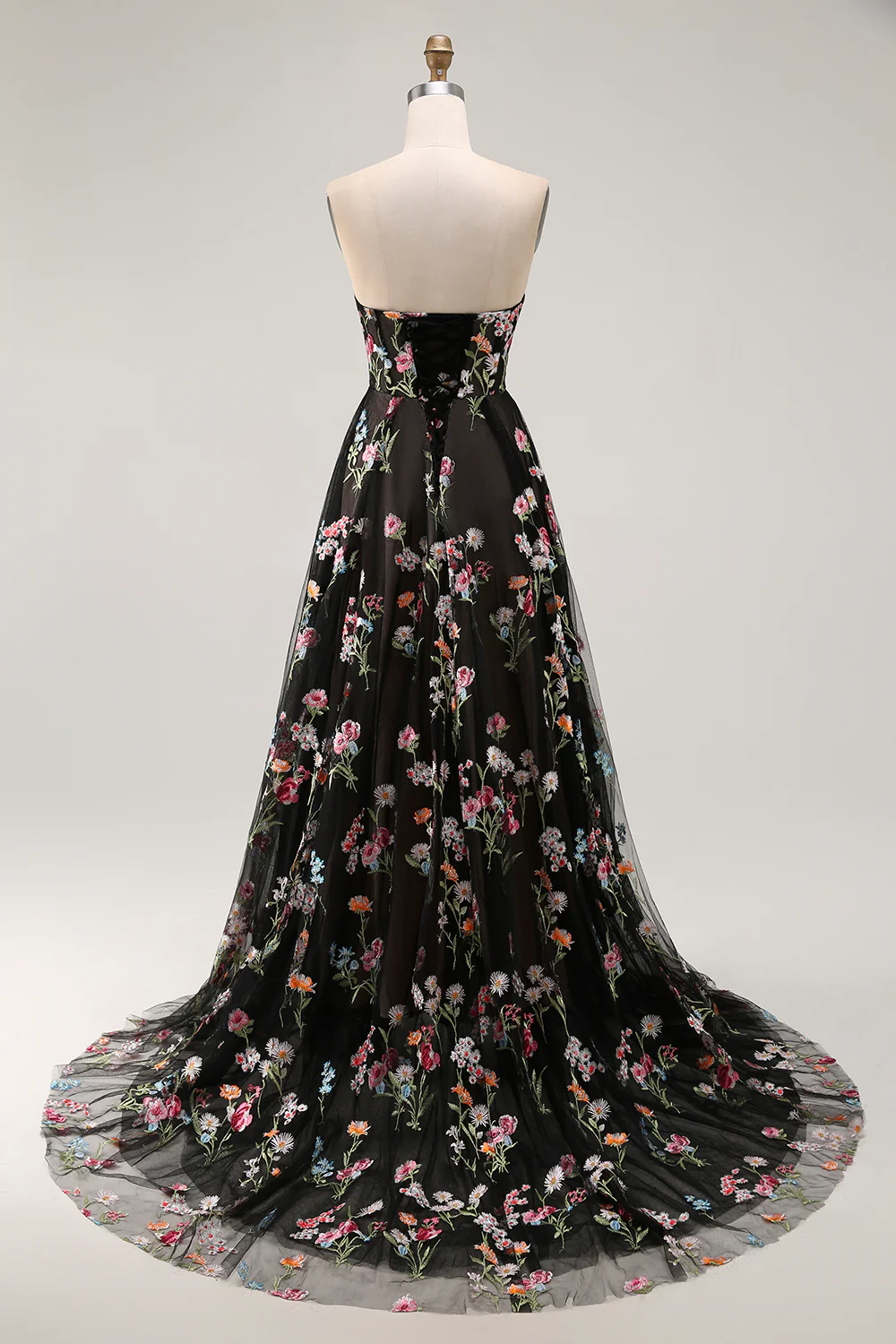 Black Strapless Floral A Line Long Prom Dress - VNBITS