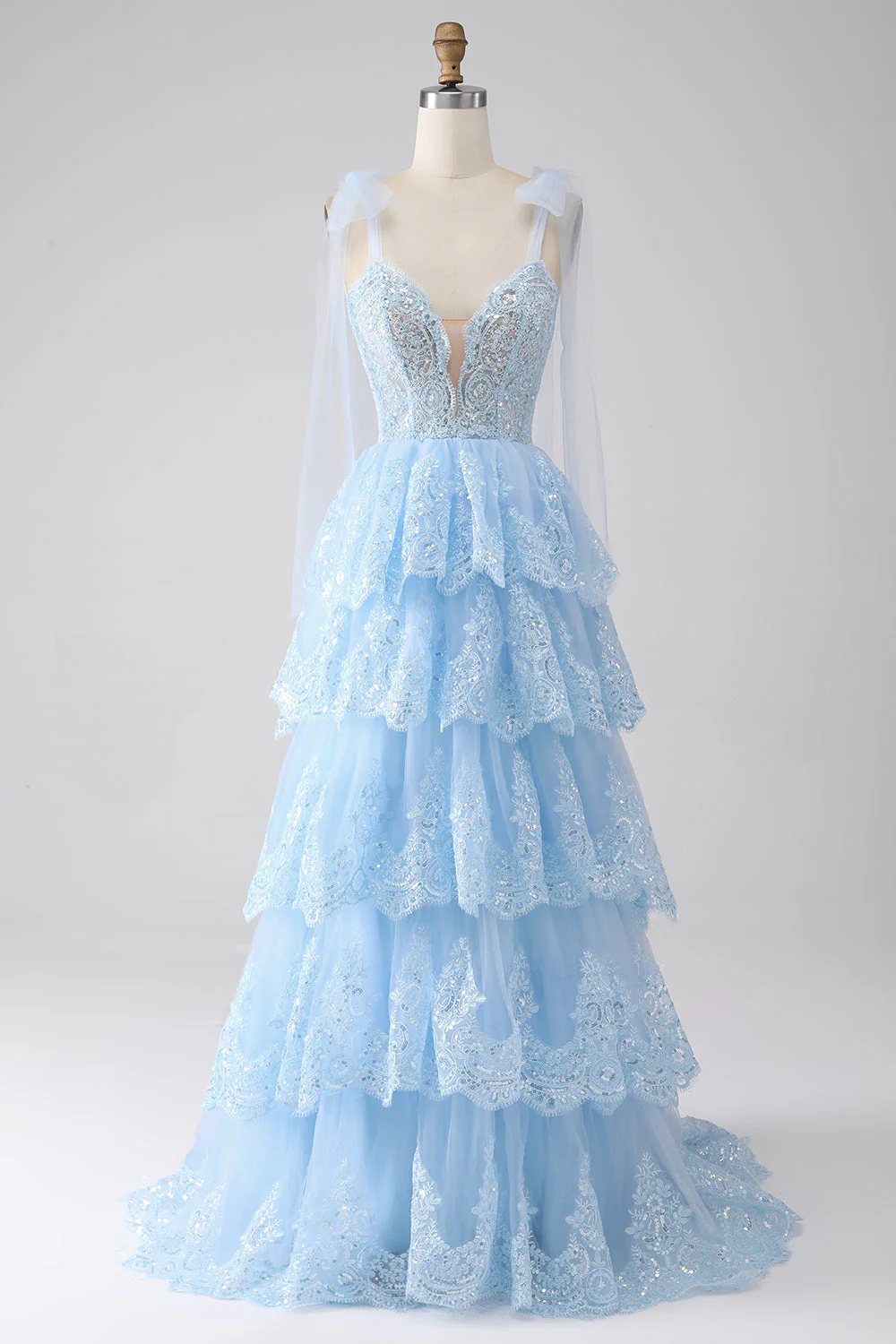 Light Blue Sweetheart Bow Tie Straps Tiered Tulle Sequin Prom Dress with Appliques - VNBITS
