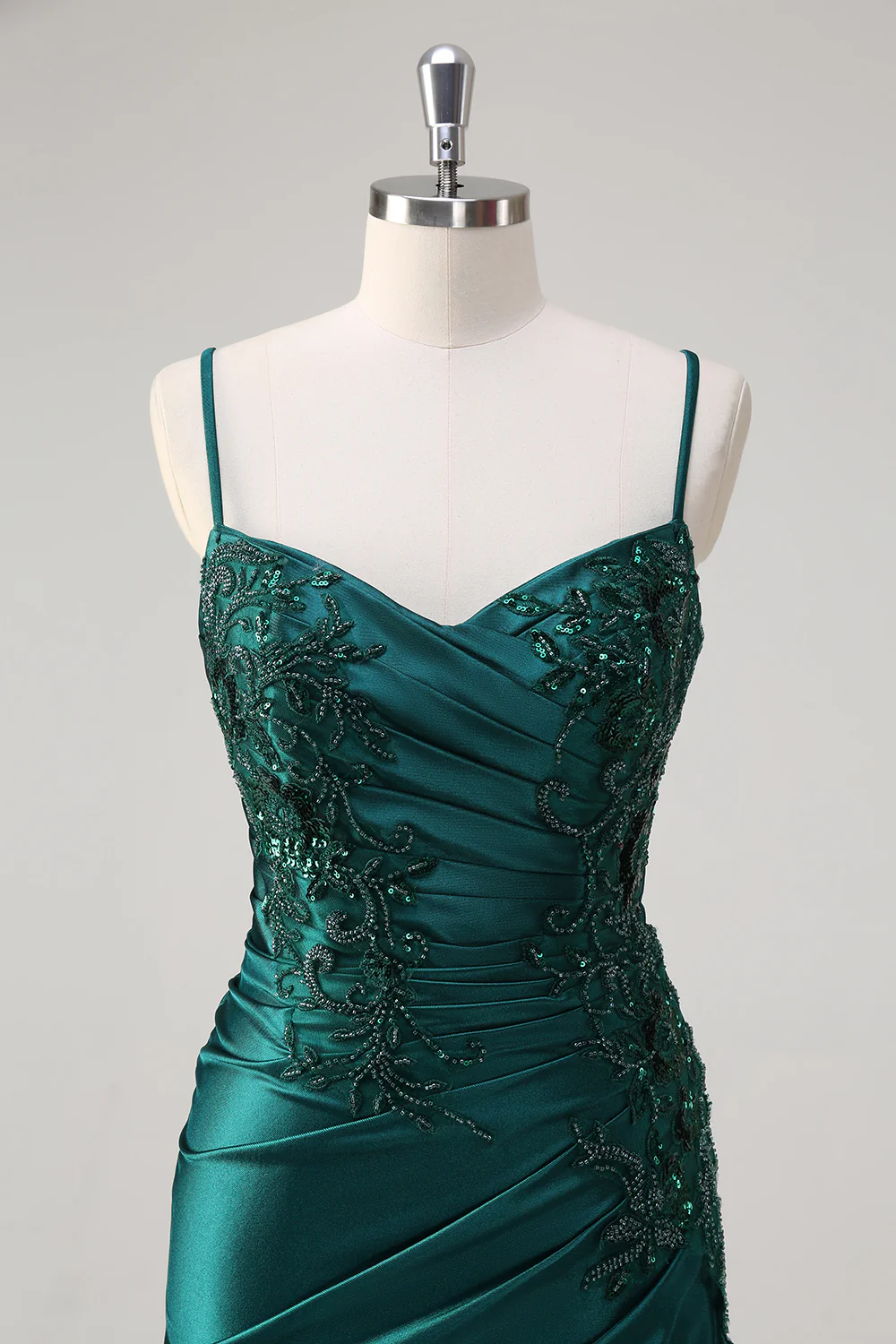Dark Green Mermaid Applique Spaghetti Straps Long Prom Dress with Slit - VNBITS