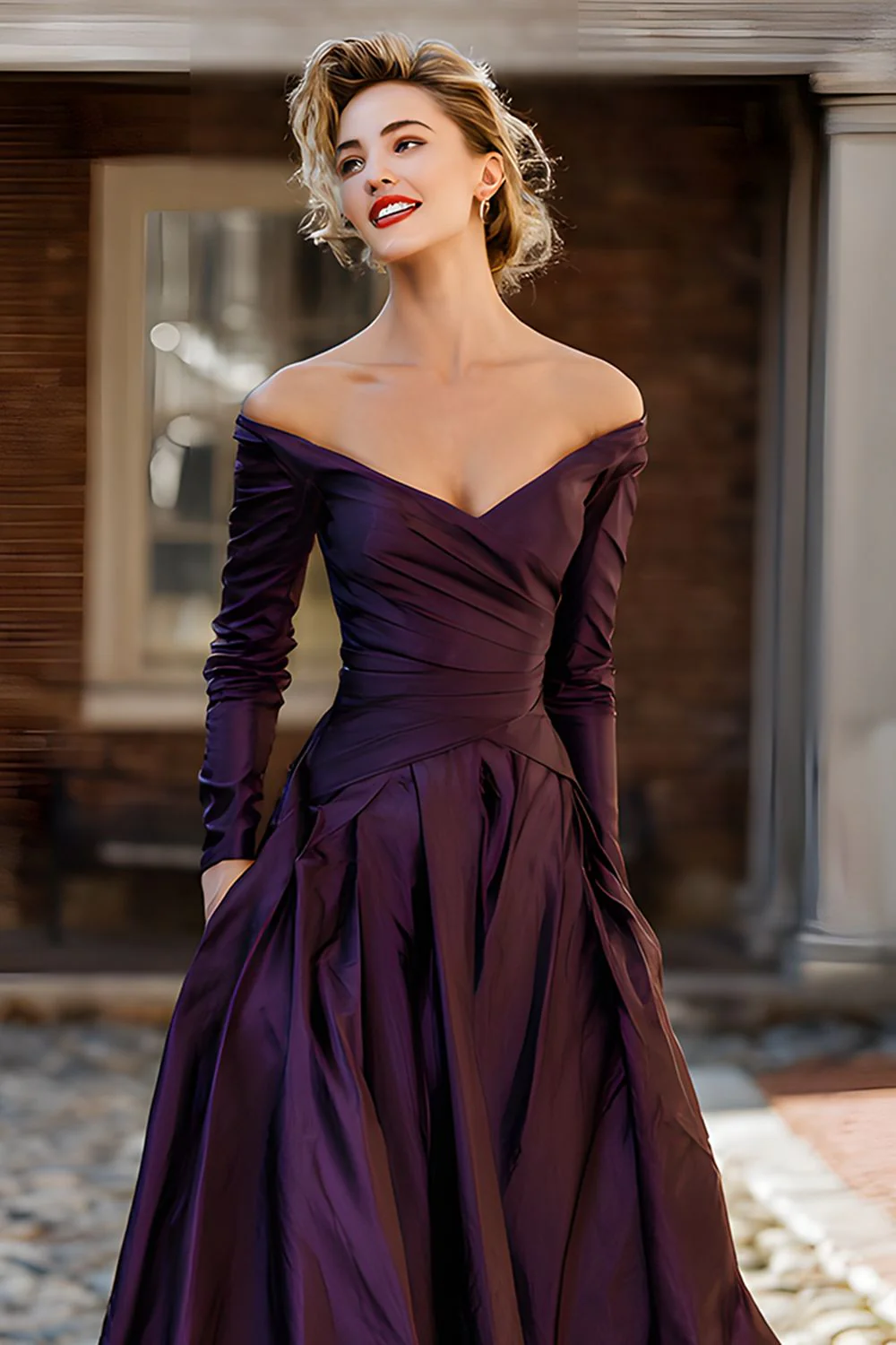 Plum Off the Shoulder A Line Long Mother of the Bride Dress with Sleeves - VNBITS