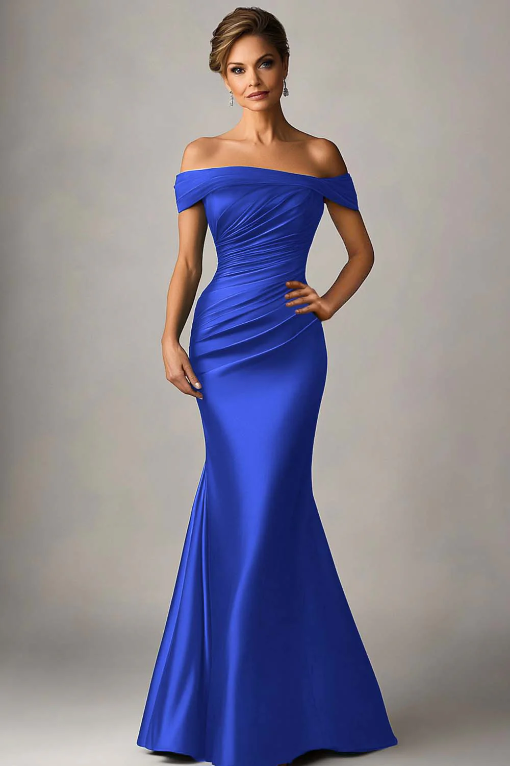 Peacock Blue Mermaid Off The Shoulder Ruched Satin Formal Dress - VNBITS