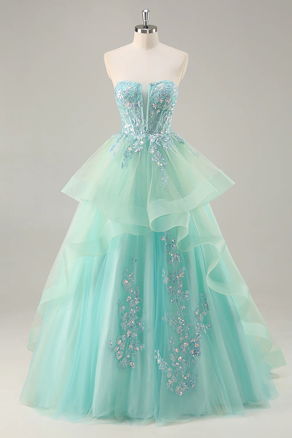 Sparkly Green Corset Strapless Long Prom Dress with Ruffles - VNBITS