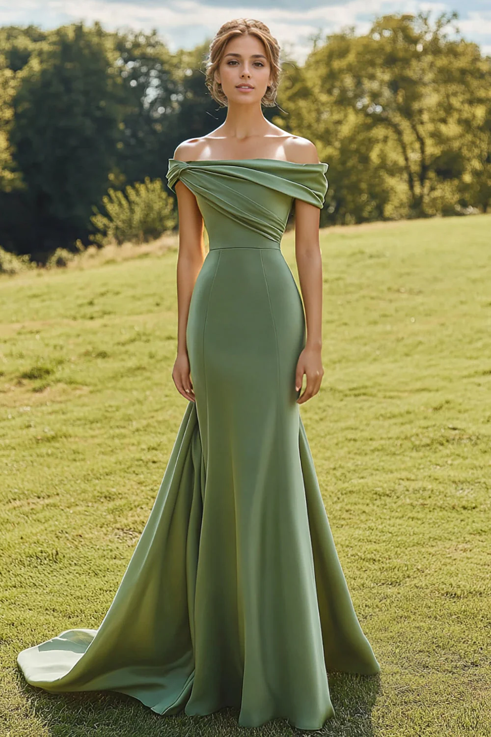 Sage Slim Off The Shoulder Draped Neck Long Fishtail Formal Dress with Wide Hem - VNBITS