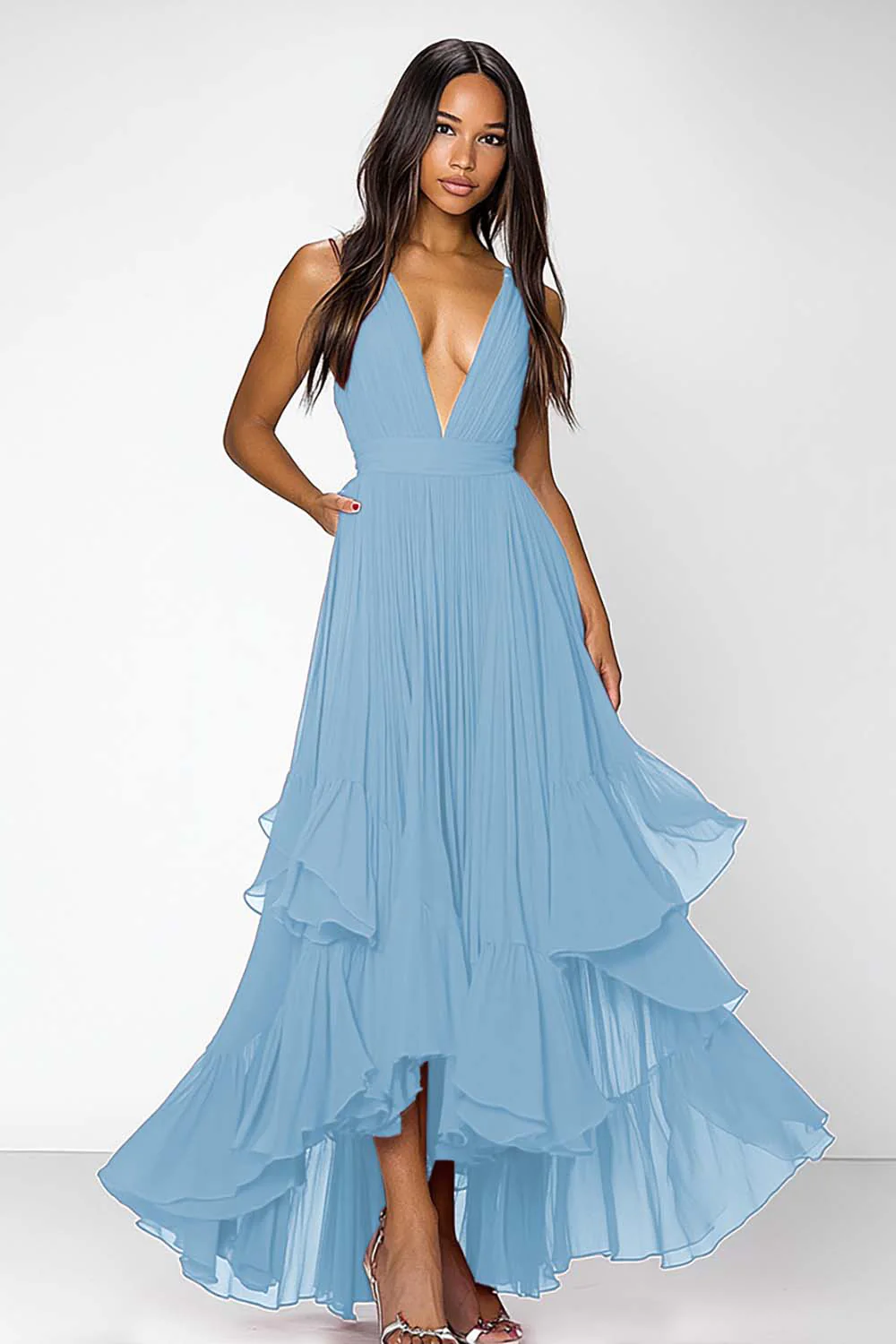 Dusty Blue A Line Deep V-Neck Long Formal Dress with Ruffles - VNBITS