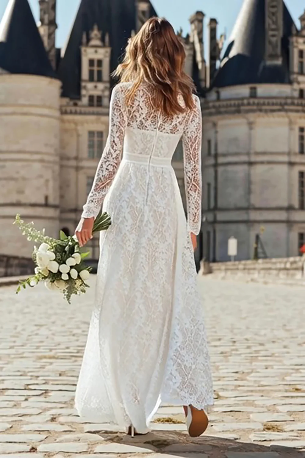 Ivory Lace High Neck Floor Length Wedding Dress with Sleeves - VNBITS