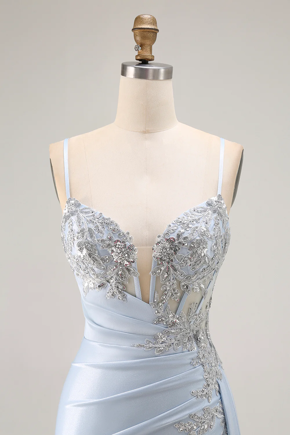 Sparkly Light Blue Mermaid Corset Ruched Long Prom Dress with Slit - VNBITS