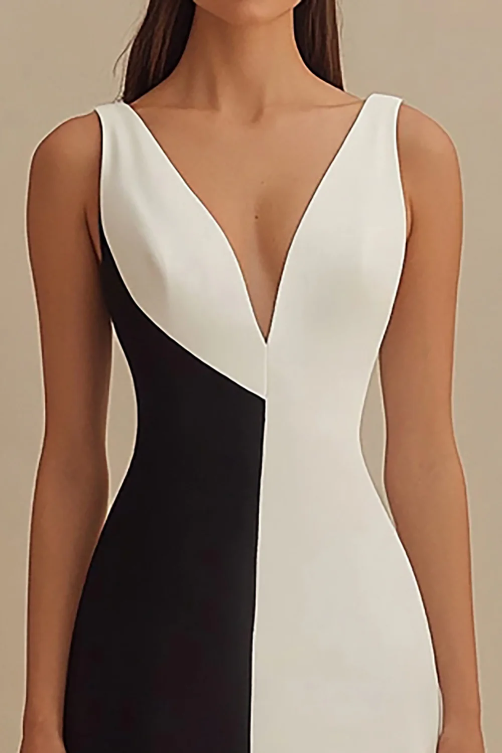 Black and White Satin V-Neck Mermaid Long Formal Dress - VNBITS
