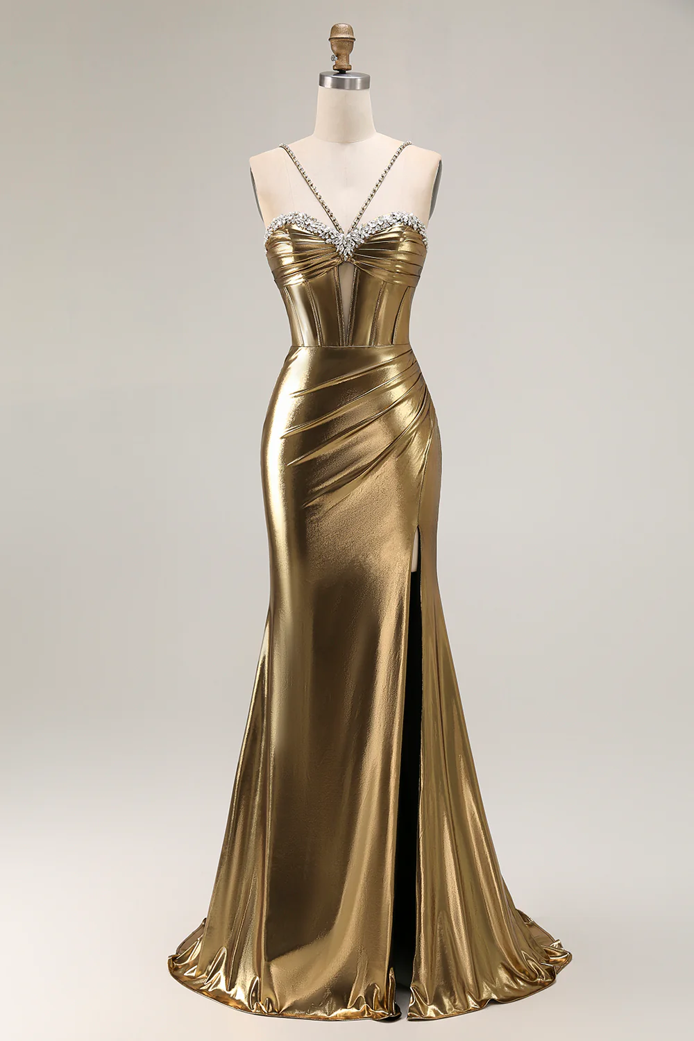 Sparkly Golden Metallic Corset Mermaid Long Prom Dress with Slit - VNBITS