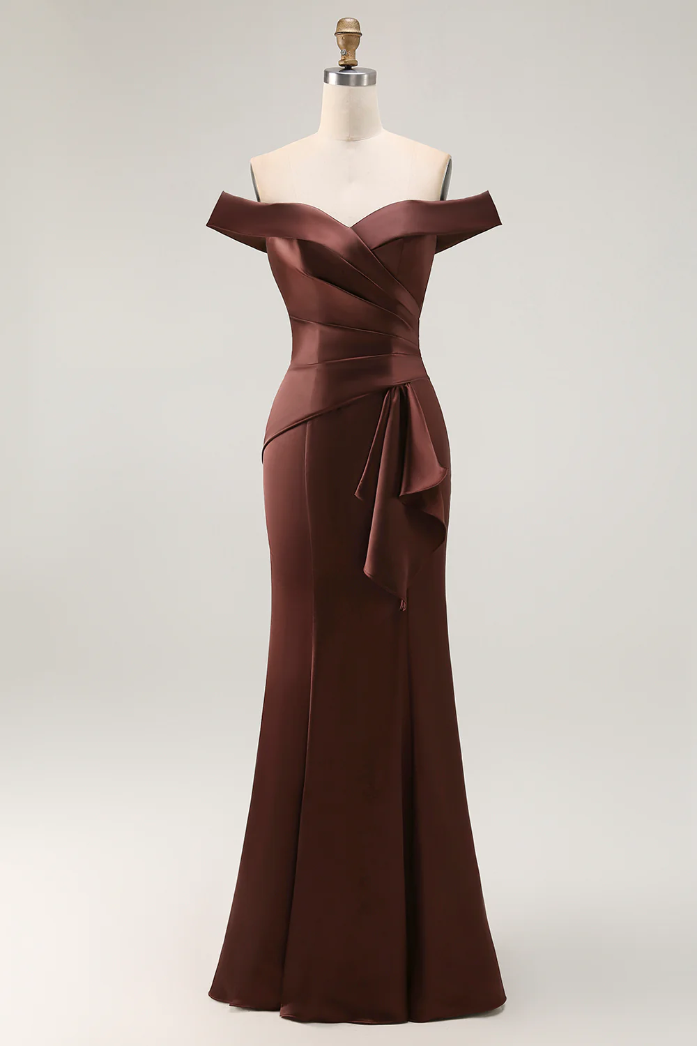 Brown Satin Off the Shoulder Long Mother of the Bride Dress with Ruched - VNBITS