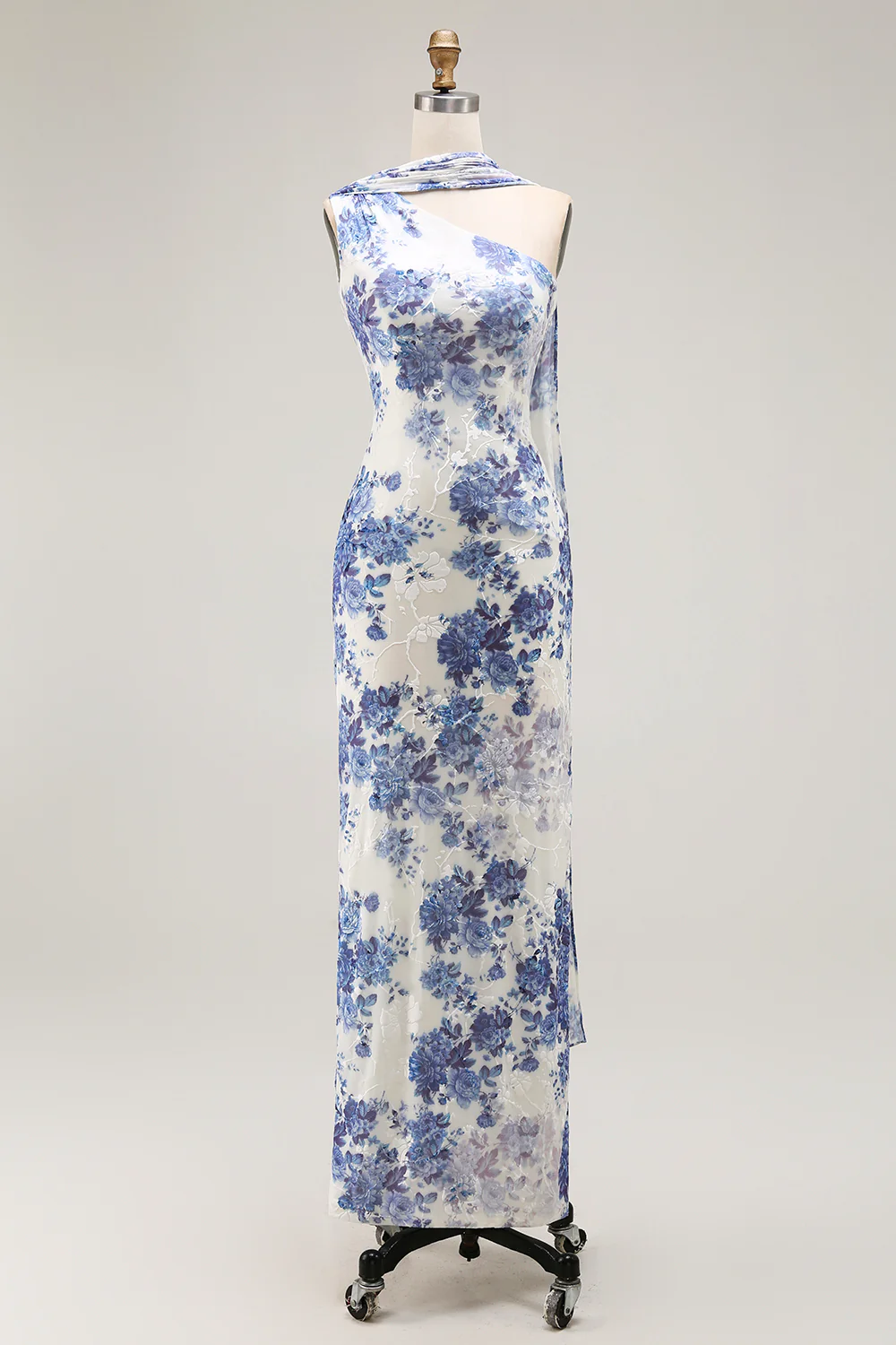 Blue Floral Neck Scarf Sheath Long Bridesmaid Dress - VNBITS