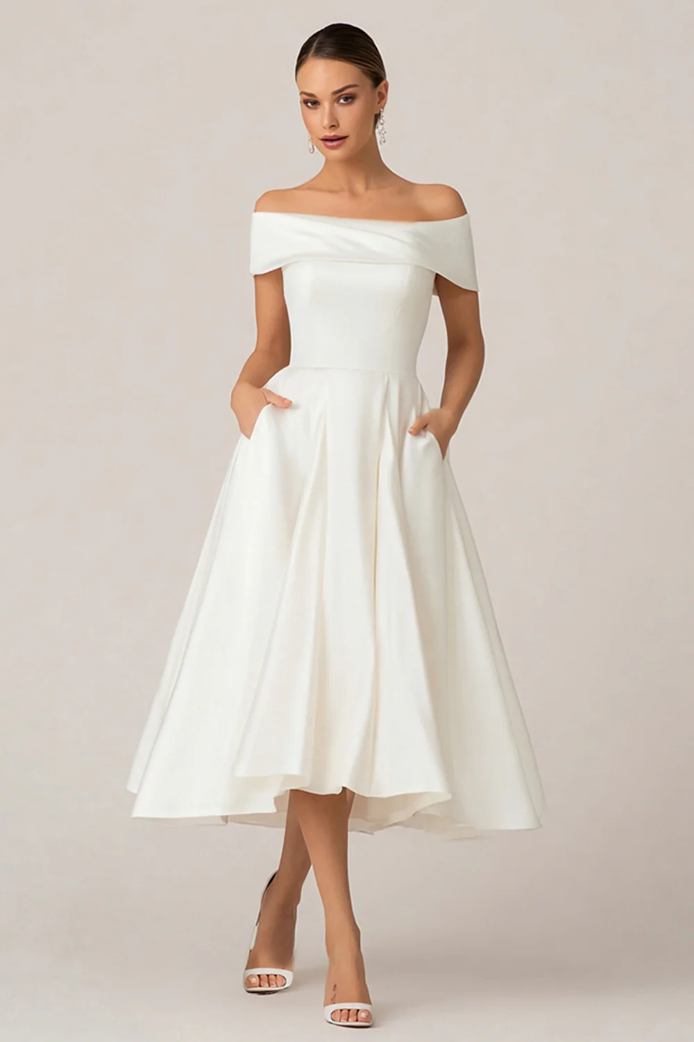 White Satin Off the Shoulder Midi Wedding Reception Dress with Pockets - VNBITS